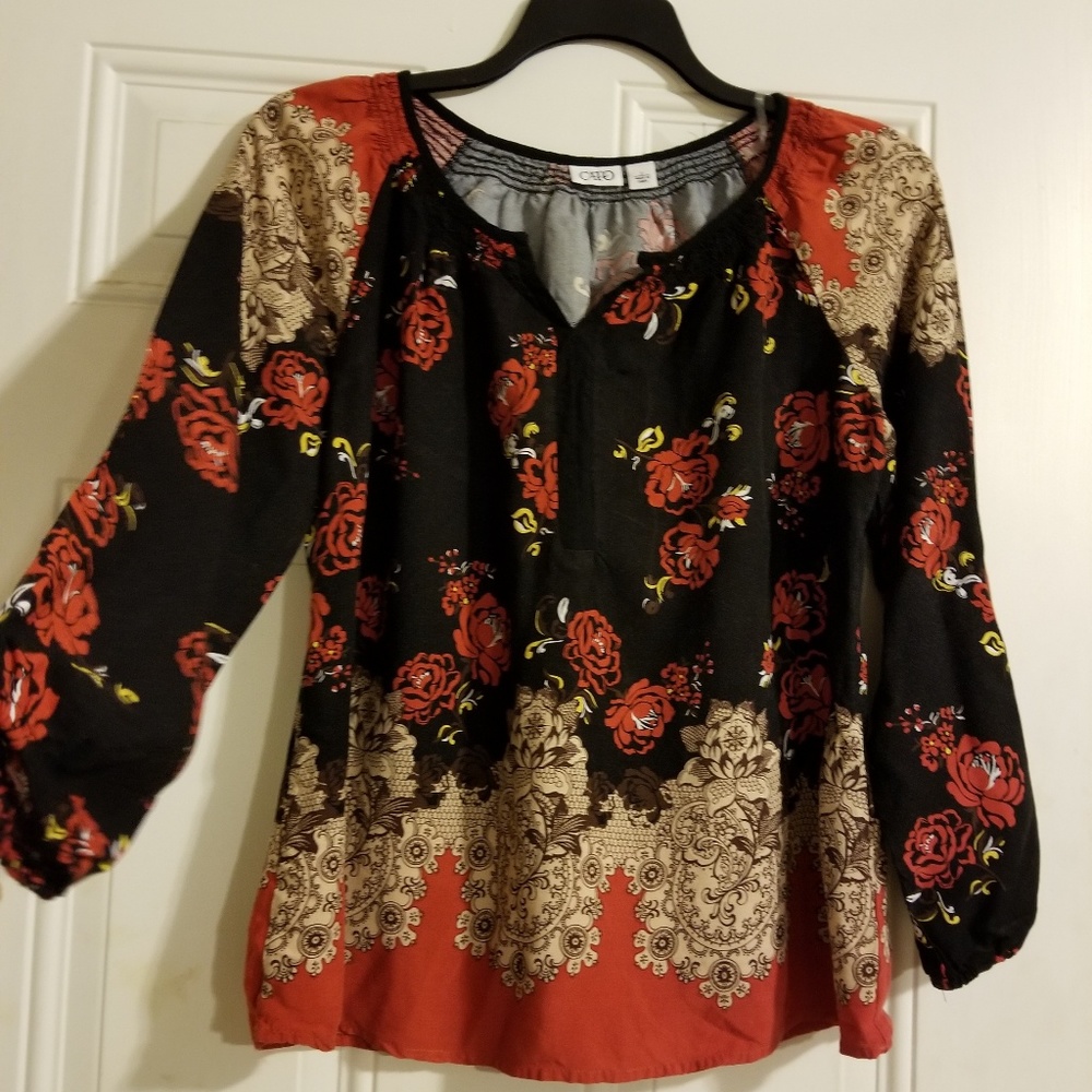 Black, orange, tan Rose print pullover blouse